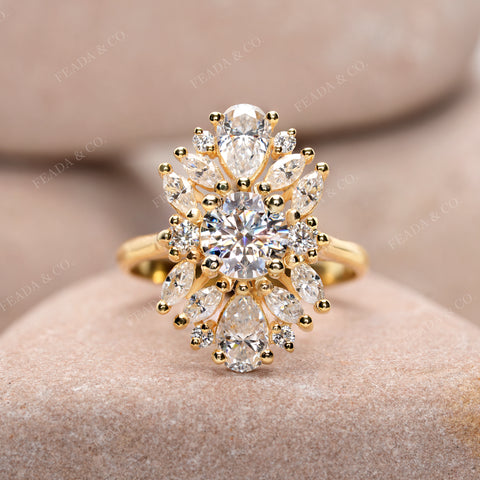 Round & Pear Cut Moissanite Cluster Engagement Ring: Art Deco Floral Statement Design