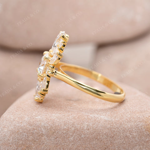 Round & Pear Cut Moissanite Cluster Engagement Ring: Art Deco Floral Statement Design