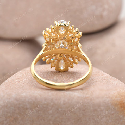 Round & Pear Cut Moissanite Cluster Engagement Ring: Art Deco Floral Statement Design