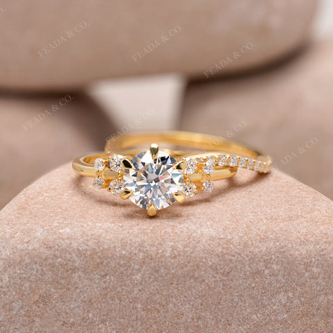 Round Moissanite Solitaire Bridal Set – Sparkle Cluster Accent Ring