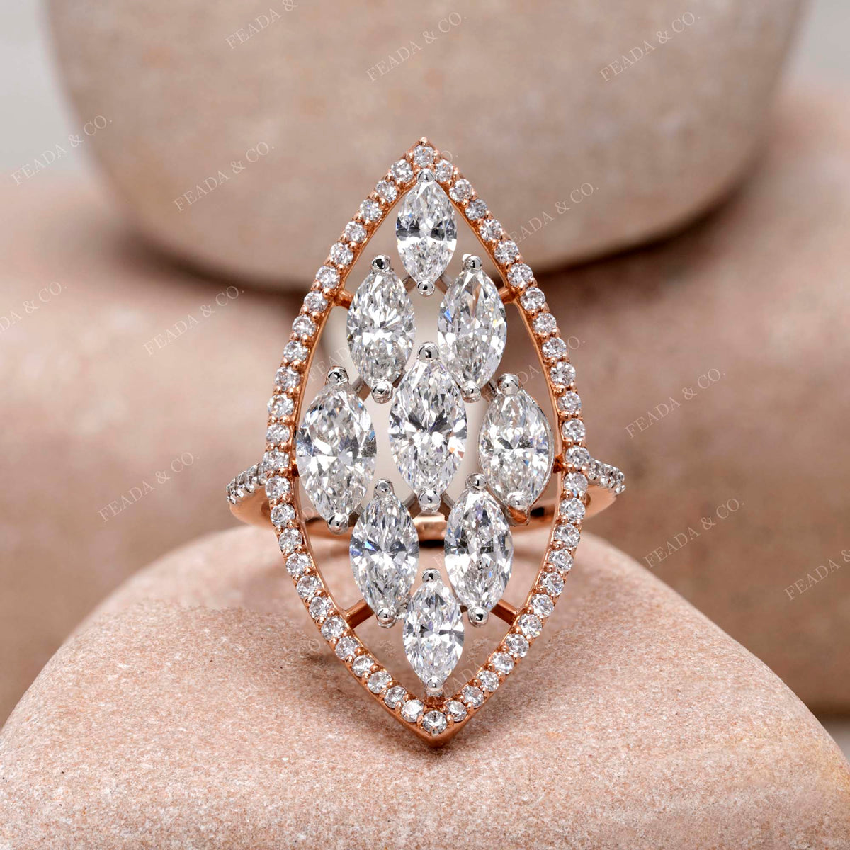 IGI Certified Marquise Cluster Lab Grown Diamond Statement Ring, Halo, Rose Gold Cocktail Ring