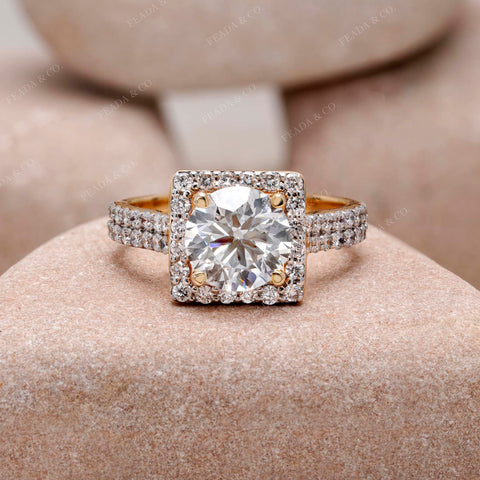 IGI Certified 2.00 CT Round Lab Grown Diamond Halo Engagement Ring, Cushion Frame, Double Pavé Band