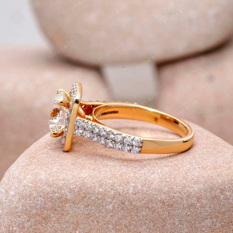 IGI Certified 2.00 CT Round Lab Grown Diamond Halo Engagement Ring, Cushion Frame, Double Pavé Band