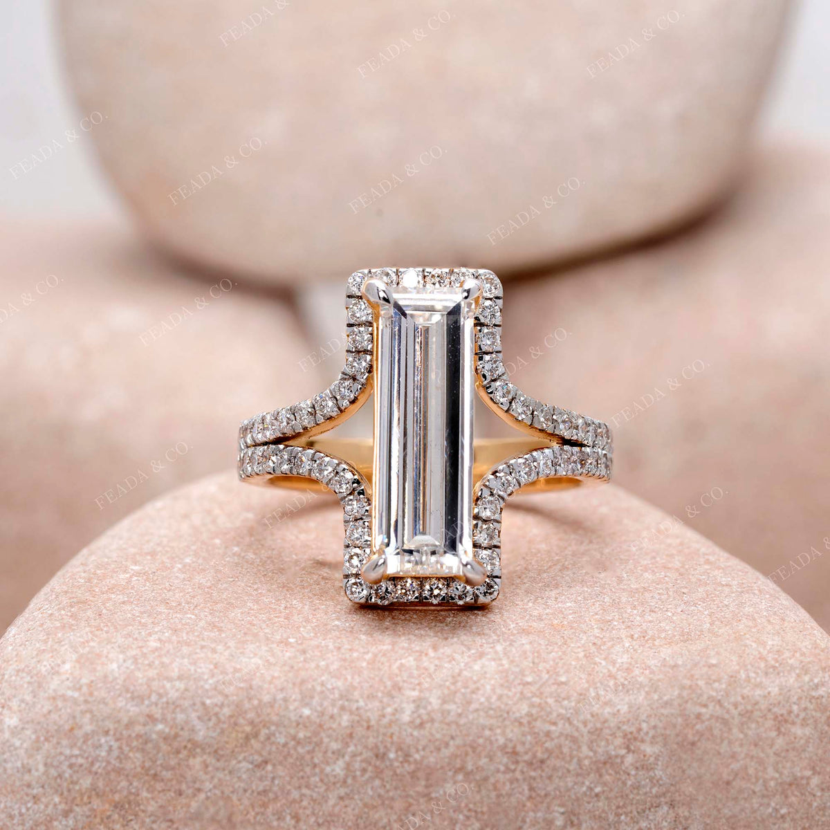 IGI Certified 2.75 Ct Long Baguette Lab Grown Diamond Engagement Ring Sculpted Pavé Shank