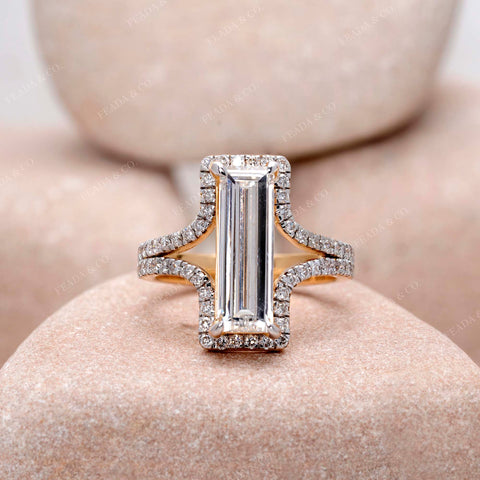 IGI Certified 2.75 Ct Long Baguette Lab Grown Diamond Engagement Ring Sculpted Pavé Shank