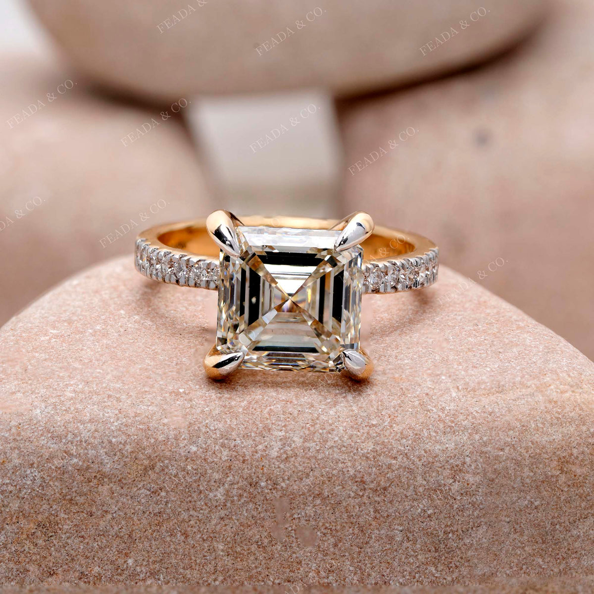 IGI Certified 5.00 Ct Asscher Lab Grown Diamond Engagement Ring, Solitaire Setting, Pavé Band