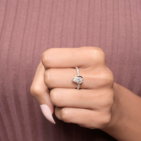 1 Ct Pear Lab-Grown Diamond Solitaire Ring, Bezel Setting, Round Accent Band