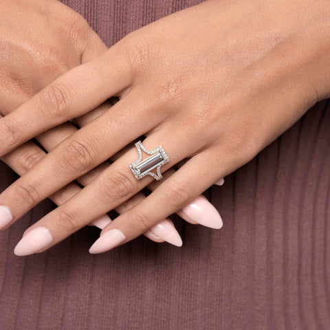 IGI Certified 2.75 Ct Long Baguette Lab Grown Diamond Engagement Ring Sculpted Pavé Shank