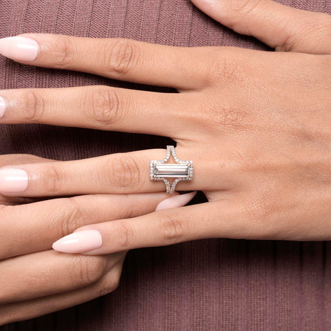 IGI Certified 2.75 Ct Long Baguette Lab Grown Diamond Engagement Ring Sculpted Pavé Shank