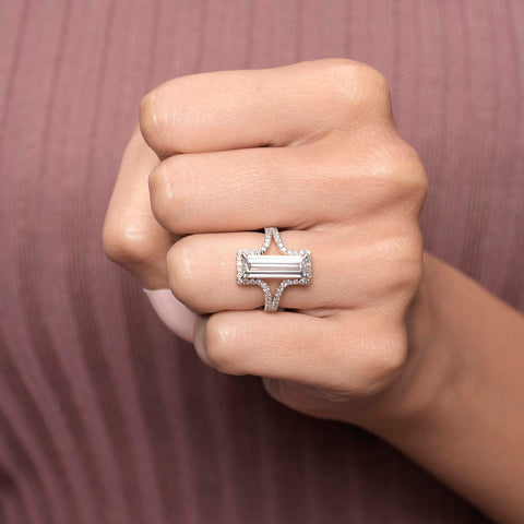 IGI Certified 2.75 Ct Long Baguette Lab Grown Diamond Engagement Ring Sculpted Pavé Shank