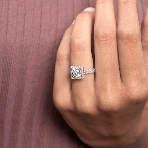 IGI Certified 2.00 CT Round Lab Grown Diamond Halo Engagement Ring, Cushion Frame, Double Pavé Band