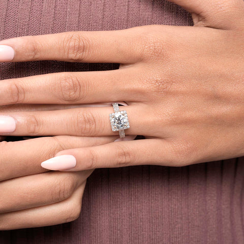 IGI Certified 2.00 CT Round Lab Grown Diamond Halo Engagement Ring, Cushion Frame, Double Pavé Band