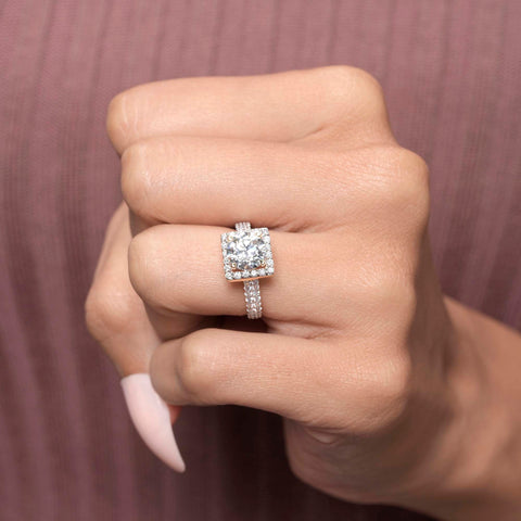 IGI Certified 2.00 CT Round Lab Grown Diamond Halo Engagement Ring, Cushion Frame, Double Pavé Band