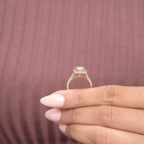 IGI Certified 2.00 CT Round Lab Grown Diamond Halo Engagement Ring, Cushion Frame, Double Pavé Band