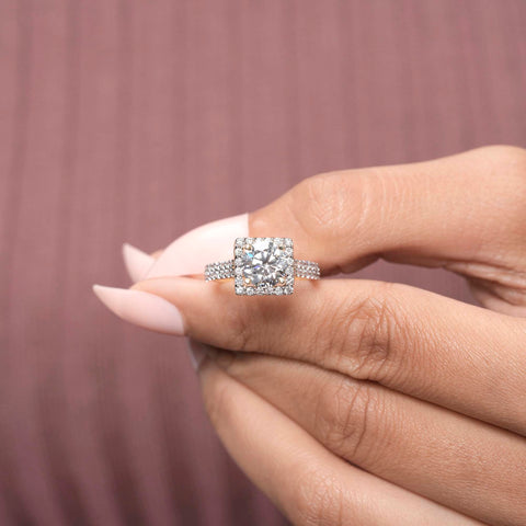 IGI Certified 2.00 CT Round Lab Grown Diamond Halo Engagement Ring, Cushion Frame, Double Pavé Band