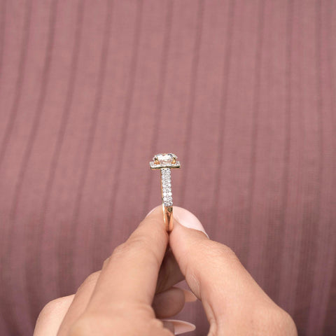 IGI Certified 2.00 CT Round Lab Grown Diamond Halo Engagement Ring, Cushion Frame, Double Pavé Band