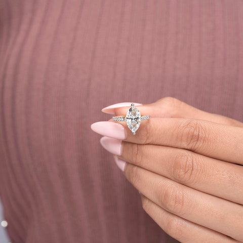 IGI Certified 2.50 Ct Marquise Lab Grown Diamond Engagement Ring, Solitaire Setting, Pavé Band