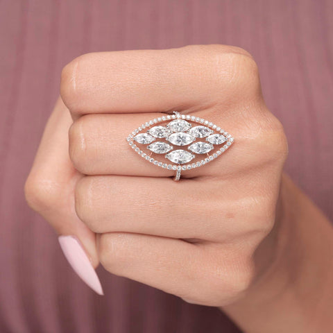 IGI Certified Marquise Cluster Lab Grown Diamond Statement Ring, Halo, Rose Gold Cocktail Ring