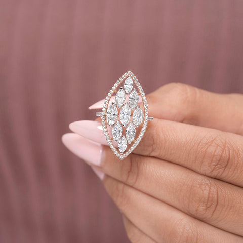 IGI Certified Marquise Cluster Lab Grown Diamond Statement Ring, Halo, Rose Gold Cocktail Ring