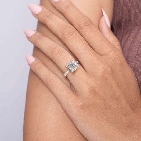 IGI Certified 5.00 Ct Asscher Lab Grown Diamond Engagement Ring, Solitaire Setting, Pavé Band