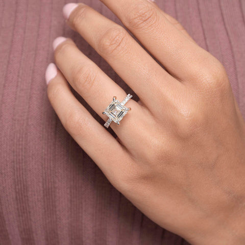 IGI Certified 5.00 Ct Asscher Lab Grown Diamond Engagement Ring, Solitaire Setting, Pavé Band