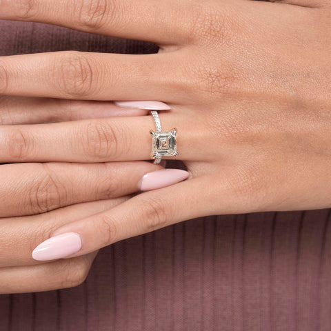 IGI Certified 5.00 Ct Asscher Lab Grown Diamond Engagement Ring, Solitaire Setting, Pavé Band