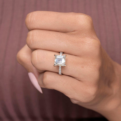 IGI Certified 5.00 Ct Asscher Lab Grown Diamond Engagement Ring, Solitaire Setting, Pavé Band