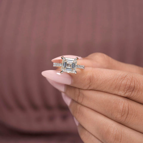IGI Certified 5.00 Ct Asscher Lab Grown Diamond Engagement Ring, Solitaire Setting, Pavé Band