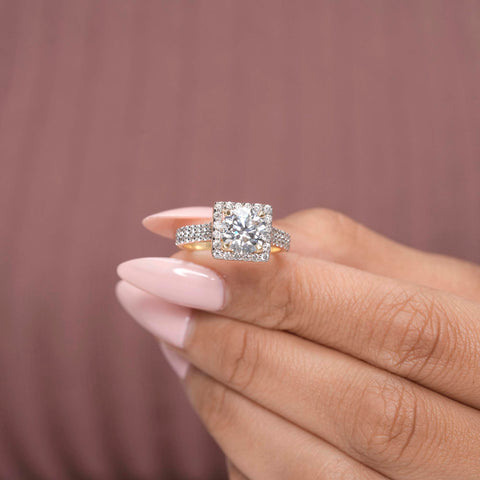 IGI Certified 2.00 CT Round Lab Grown Diamond Halo Engagement Ring, Cushion Frame, Double Pavé Band