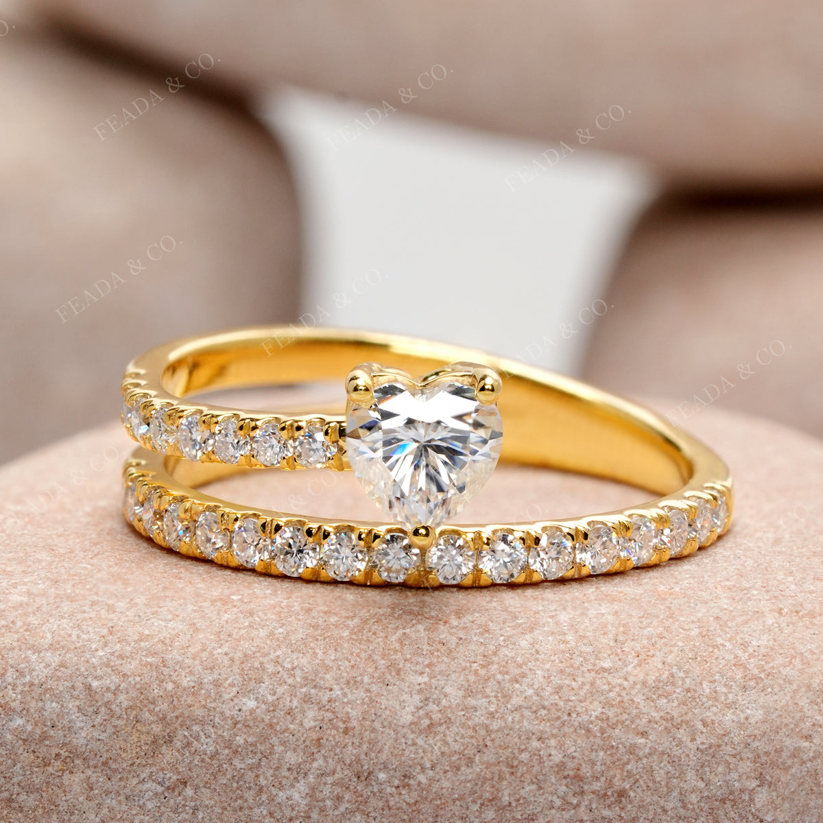 Heart Cut Moissanite Engagement Ring: Double Pavé Yellow Gold Band