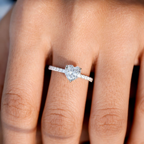 Heart Cut Moissanite Diamond Engagement Ring: 14K Gold Pavé Band