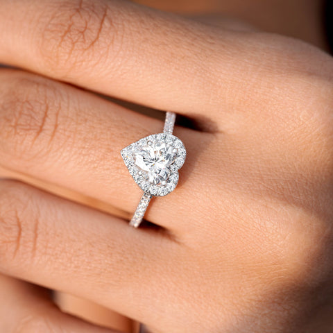 Heart Cut Moissanite Engagement Ring: Halo Pavé Band, 1.25 CT Solitaire