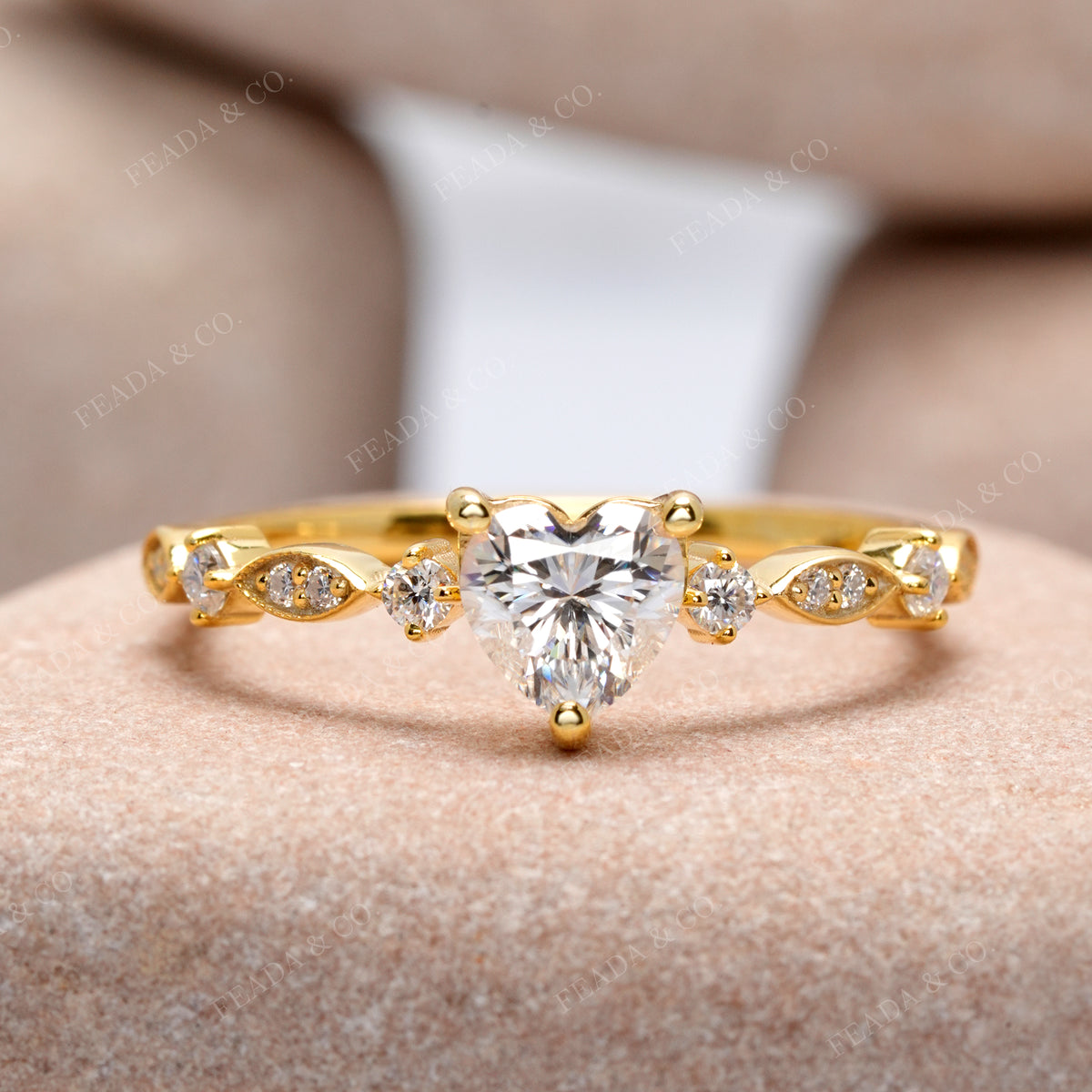 Heart Moissanite Diamond Engagement Ring: Yellow Gold Accent Band