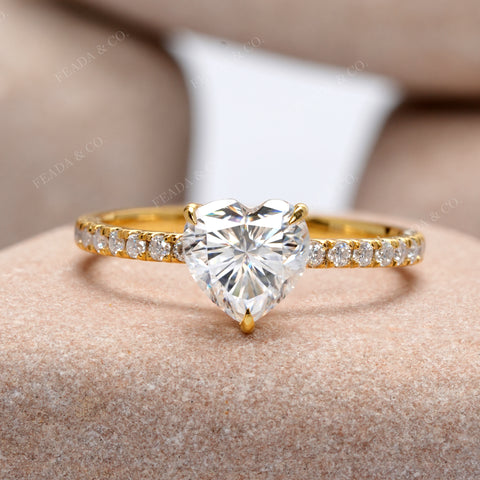 Heart Cut Moissanite Diamond Engagement Ring: 14K Gold Pavé Band