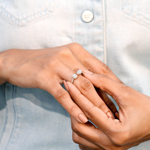 Pear & Emerald Moissanite Engagement Ring: Yellow Gold Pavé Band