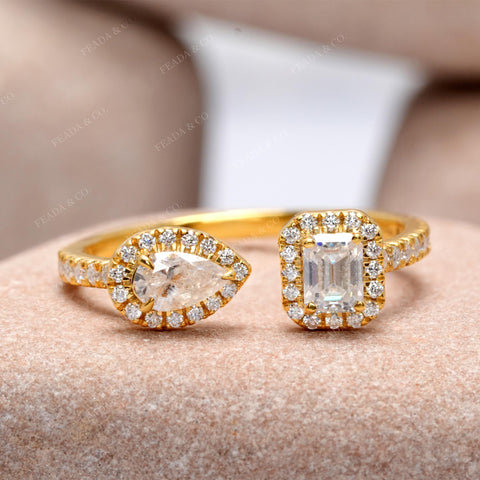Pear & Emerald Moissanite Engagement Ring: Yellow Gold Pavé Band