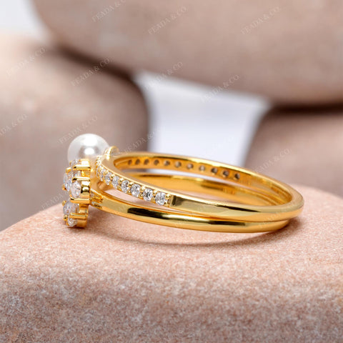 Pearl & Moissanite Diamond Flower Ring, Open Band with Pear Cut Cluster and Pavé Accents