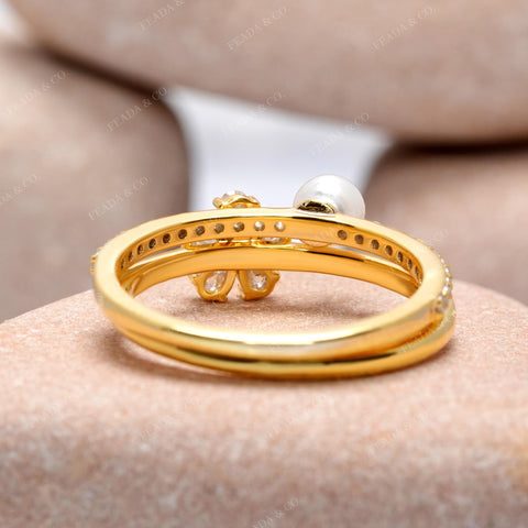 Pearl & Moissanite Diamond Flower Ring, Open Band with Pear Cut Cluster and Pavé Accents