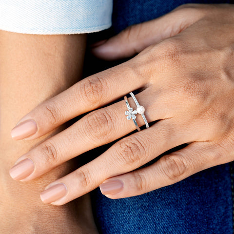 Pearl & Moissanite Diamond Flower Ring, Open Band with Pear Cut Cluster and Pavé Accents
