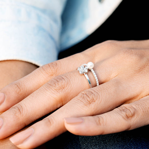 Pearl & Moissanite Diamond Flower Ring, Open Band with Pear Cut Cluster and Pavé Accents