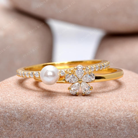 Pearl & Moissanite Diamond Flower Ring, Open Band with Pear Cut Cluster and Pavé Accents