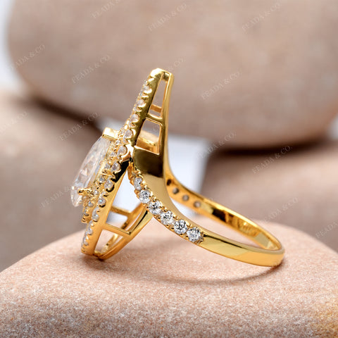 Pear Cut Moissanite Engagement Ring: Double Halo with Split Shank Pavé Diamonds