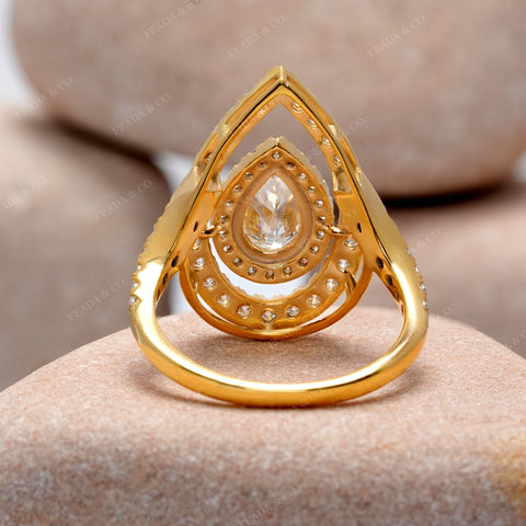 Pear Cut Moissanite Engagement Ring: Double Halo with Split Shank Pavé Diamonds