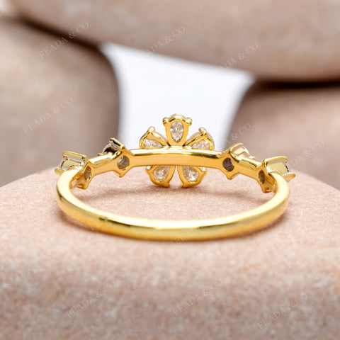 Pear Cut Moissanite Diamond Floral Ring - 14KT Gold Minimalist Stacking Ring