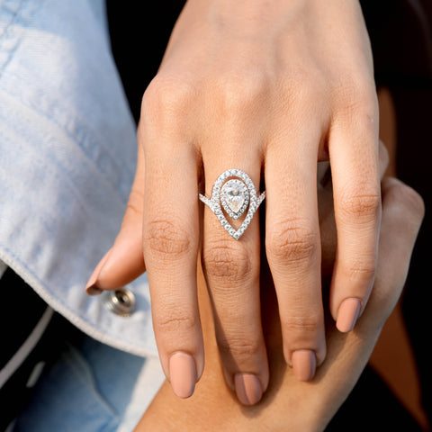 Pear Cut Moissanite Engagement Ring: Double Halo with Split Shank Pavé Diamonds