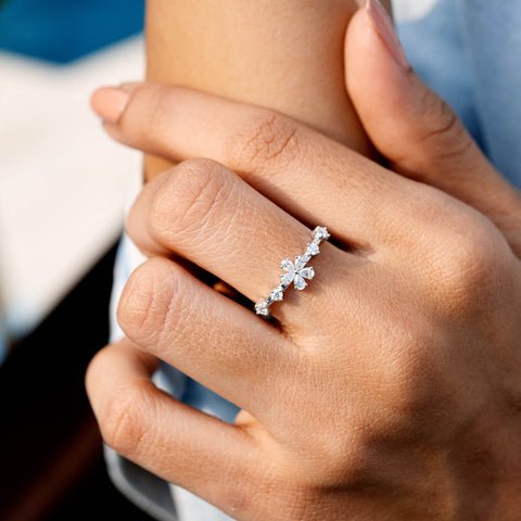 Pear Cut Moissanite Diamond Floral Ring - 14KT Gold Minimalist Stacking Ring