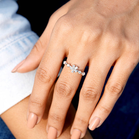 Pear Cut Moissanite Diamond Floral Ring - 14KT Gold Minimalist Stacking Ring