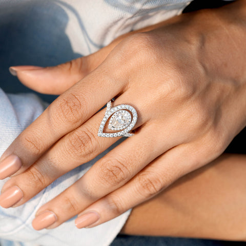 Pear Cut Moissanite Engagement Ring: Double Halo with Split Shank Pavé Diamonds