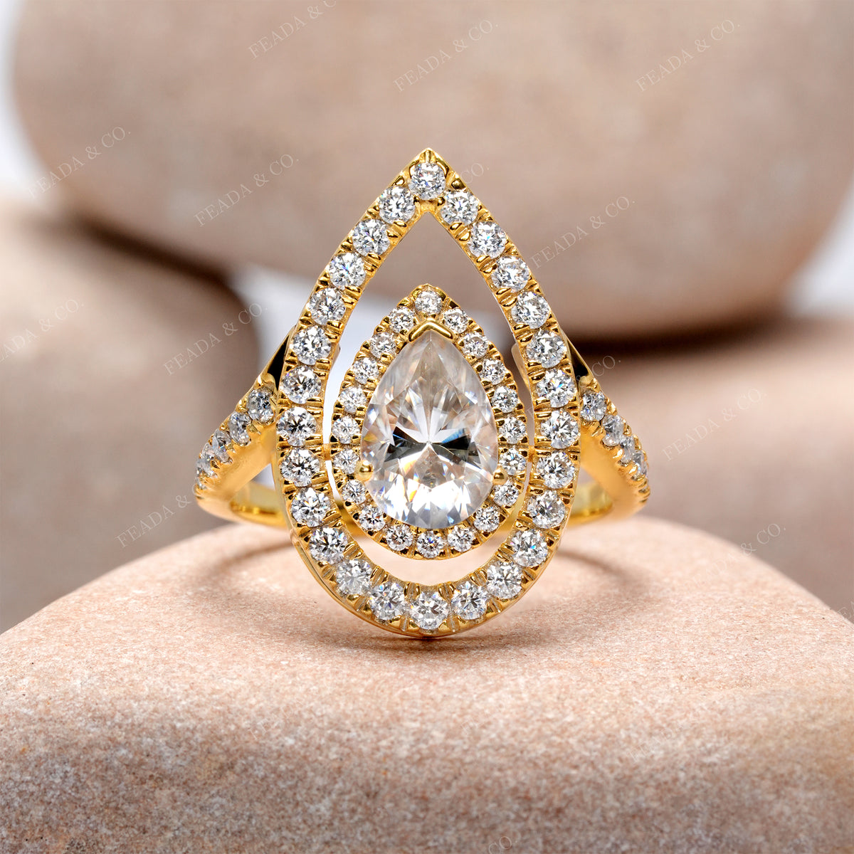 Pear Cut Moissanite Engagement Ring: Double Halo with Split Shank Pavé Diamonds