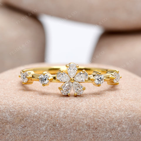 Pear Cut Moissanite Diamond Floral Ring - 14KT Gold Minimalist Stacking Ring